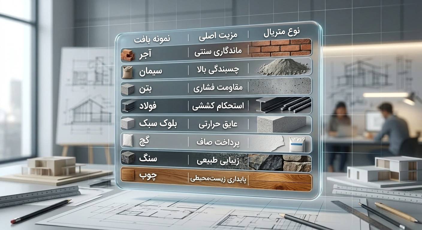 جدول مقایسه مصالح ساختمانی پرکاربرد