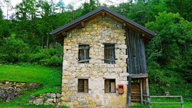 نمای بیرونی یک خانه روستایی دو طبقه در جنگل که دیوارهای آن از سنگ‌های لاشه طبیعی و کوهی به رنگ کرم و قهوه‌ای ساخته شده است.