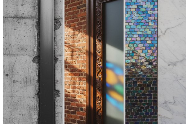 کولاژی عمودی از چهار بافت معماری: پنل اول بتن خاکستری سرد، پنل دوم دیوار آجری گرم با نور آفتاب، پنل سوم چهارچوب چوبی منبتکاری شده با انعکاس نور رنگی، و پنل چهارم کاشیکاریهای ریز صدفی و براق در کنار مرمر سفید.