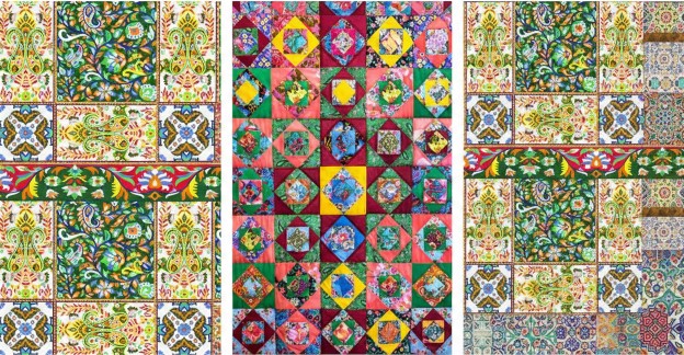 مجموعهای از سه پنل کاشیکاری سنتی با نقوش اسلیمی، گل و مرغ و طرحهای هندسی رنگارنگ شامل آبی فیروزهای، زرد، قرمز و سبز که با دقت در کنار هم چیده شدهاند.