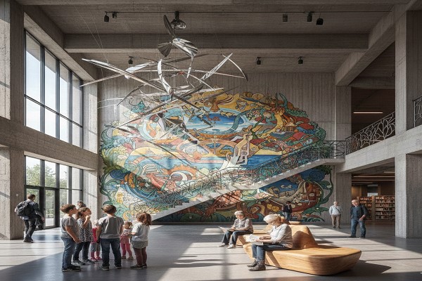 فضای داخلی مدرن با دیوارهای بتنی که یک نقاشی دیواری (فرسکو) عظیم و رنگارنگ روی دیوار پلهها دیده میشود و یک مجسمه متحرک فلزی از سقف آویزان است؛ حضور مردم در سالنی با نور طبیعی.