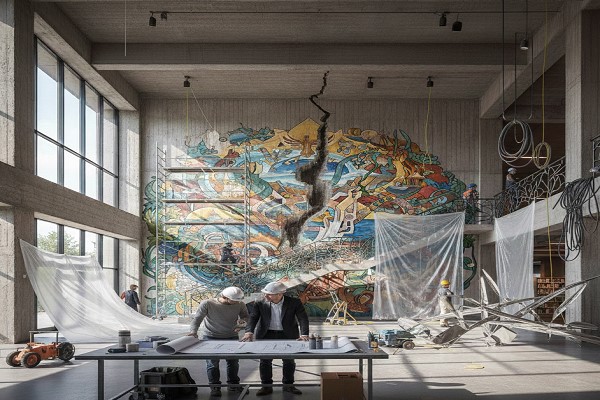 دو مهندس با کلاه ایمنی در حال بررسی نقشهها روی میز در یک سالن بزرگ بتنی؛ در پسزمینه داربستهای فلزی و هنرمندانی دیده میشوند که مشغول تکمیل یک نقاشی دیواری عظیم هستند