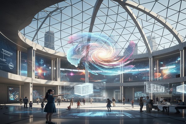 نمای داخلی یک ساختمان آیندهنگر با سقف گنبدی شیشهای و ژئودزیک؛ در مرکز سالن یک هولوگرام رنگارنگ و درخشان به شکل کهکشان معلق است و بازدیدکنندگان با استفاده از عینکهای واقعیت افزوده و نمایشگرهای لمسی در حال تعامل با فضا هستند.