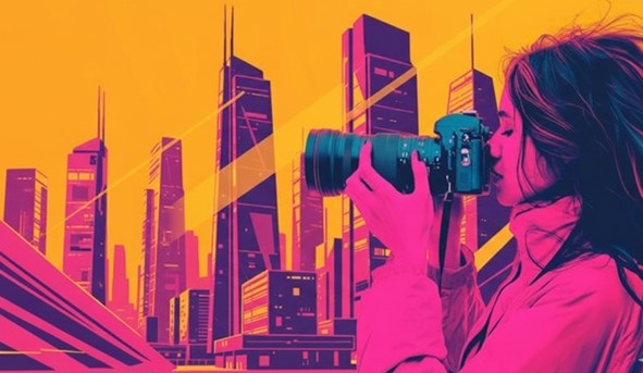 نمای نزدیک از دست عکاسی که با گوشی هوشمند از زاویه پایین (Low Angle) از یک ساختمان مدرن با خطوط هندسی تند و آسمان آبی عکاسی میکند؛ تمرکز بر کادربندی انتزاعی.