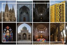 کولاژی از تصاویر معماری شامل فضای داخلی کلیساهای گوتیک، مساجد با کاشیکاریهای اسلیمی، پنجرههای رنگی هنری و نمای ساختمانهای مدرن رنگارنگ.