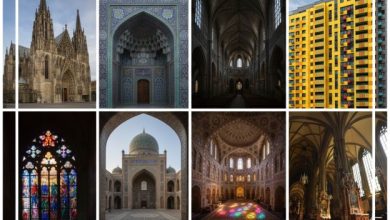 کولاژی از تصاویر معماری شامل فضای داخلی کلیساهای گوتیک، مساجد با کاشی‌کاری‌های اسلیمی، پنجره‌های رنگی هنری و نمای ساختمان‌های مدرن رنگارنگ.