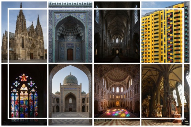 کولاژی از تصاویر معماری شامل فضای داخلی کلیساهای گوتیک، مساجد با کاشیکاریهای اسلیمی، پنجرههای رنگی هنری و نمای ساختمانهای مدرن رنگارنگ.