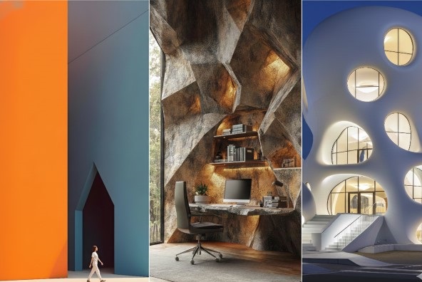 کولاژ سهتایی از معماری مدرن: سمت چپ نمای مینیمال با رنگهای نارنجی و آبی، وسط طراحی داخلی صخرهای و روستیک یک اتاق کار، و سمت راست ساختمانی سفید با فرمهای منحنی و پنجرههای دایرهای ارگانیک.