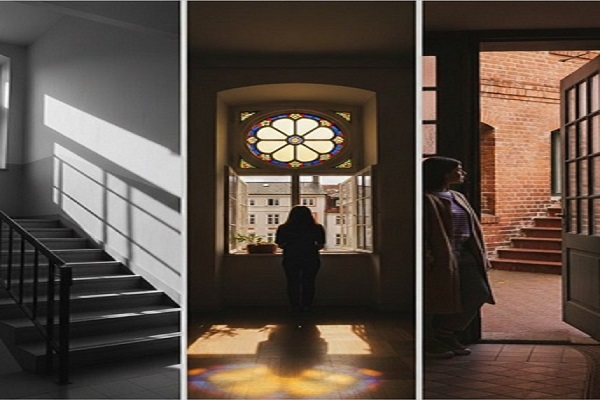 کولاژ سهتایی از بازی نور در معماری: سمت چپ سایههای کشیده روی پلهها، وسط بازتاب رنگی پنجره گوتیک روی زمین و سمت راست زنی در آستانه درگاهی با آجرکاری قرمز.