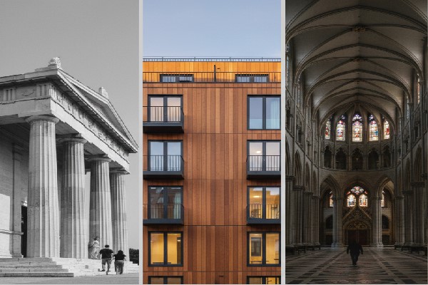 کولاژی سهتایی شامل: سمت چپ ستونهای عظیم سنگی با مقیاس انسانی کوچک، وسط نمای ریتمیک یک آپارتمان مدرن با پنجرههای تکرار شونده، و سمت راست تناسبات عمودی و با شکوه در فضای داخلی یک کلیسای گوتیک.