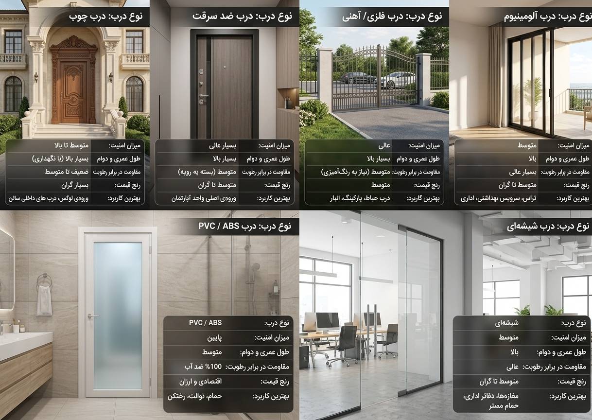 جدول مقایسه جامع مزایا، معایب و مشخصات انواع درب