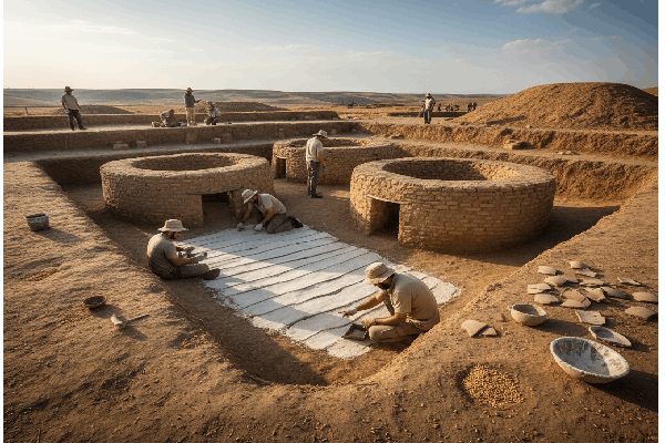 سایت باستانشناسی با دیوارهای خشتی مدور و باستانشناسانی که در حال نمایانسازی یک کفپوش یا بستر وسیع سفیدرنگ از جنس گچ در دل خاک هستند.