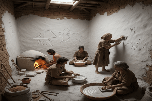 تصویر بازسازی شده از انسانهای دوران نوسنگی در حال پخت سنگ گچ در کوره، الک کردن پودر گچ و سفیدکاری دیوارهای خشتی همراه با ایجاد نقوش برجسته اولیه.