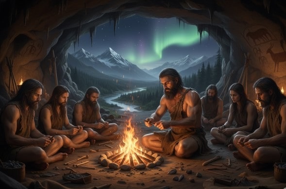 انسان‌های نخستین در دوران پارینه سنگی در حال استفاده از ابزارهای سنگی در غار در کنار آتش.