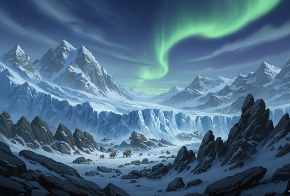 منظره‌ای از کوه‌های سنگی عظیم و یخچال‌های طبیعی در دوران یخبندان به همراه گله ماموت‌ها در محیطی برفی.