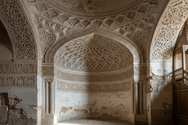 تصویری با نمای نزدیک از یک محراب باشکوه گچبری شده؛ این اثر دارای طاقهای مقرنسکاری شده، کتیبههای برجسته با خطوط کوفی و ثلث، و نقوش گیاهی اسلیمی بسیار متراکم است که در بافتی ظریف و توریمانند اجرا شدهاند.