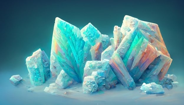 نمای گرافیکی از بلورهای درخشان و شفاف سنگی با طیف رنگی آبی، فیروزه‌ای و رگه‌های نارنجی که نمادی از فرآیند تبلور در سنگ‌های دگرگونی است.