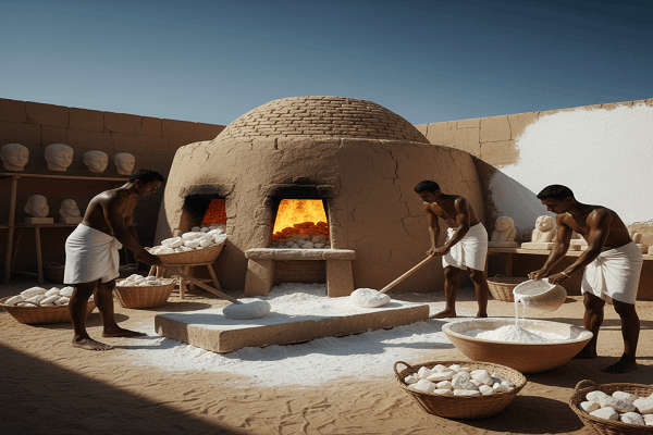 تصویری بازسازی شده از کارگران در مصر باستان در حال کار با یک کوره خشتی بزرگ؛ آنها سنگهای سفید گچ را میپزند، با پتک خرد میکنند و پودر گچ سفید را برای استفاده در معماری و پیکرتراشی آماده میکنند.