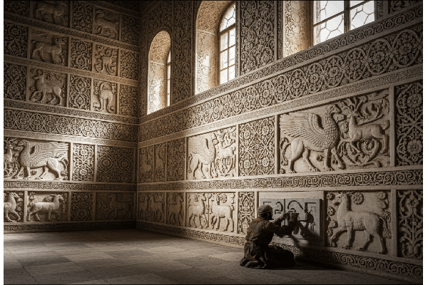 تصویری از داخل یک تالار مجلل با دیوارهایی کاملاً پوشیده از گچبریهای ظریف؛ نقوش شامل حیوانات اساطیری بالدار، گوزنها و طرحهای اسلیمی پیچیده است. یک هنرمند در پایین تصویر در حال پرداخت نهایی روی یکی از کتیبههای گچی دیده میشود.