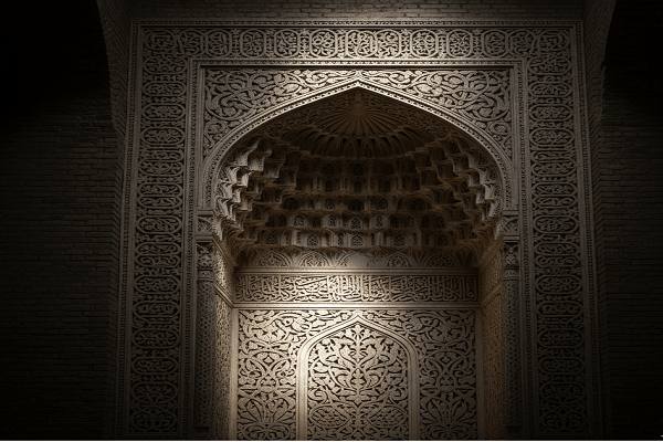 تصویری از یک محراب یا سردر مجلل با گچبریهای بسیار پرکار؛ شامل مقرنسکاریهای ظریف در طاق، کتیبههایی به خط کوفی و ثلث، و تزیینات گیاهی و هندسی (اسلیمی) که تمام سطح دیوار را به صورت متراکم و برجسته پوشانده است.