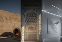 ترکیب سه مرحله از تکامل گچ‌کاری در معماری: سمت راست نمای مدرن با نورپردازی خطی، وسط محراب پرکار با نقوش اسلیمی، و سمت چپ دیوارهای کاهگلی و گچی باستانی.