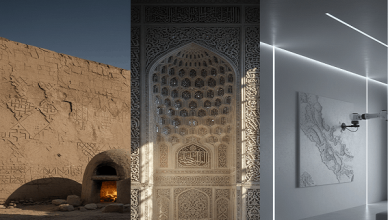 ترکیب سه مرحله از تکامل گچ‌کاری در معماری: سمت راست نمای مدرن با نورپردازی خطی، وسط محراب پرکار با نقوش اسلیمی، و سمت چپ دیوارهای کاهگلی و گچی باستانی.