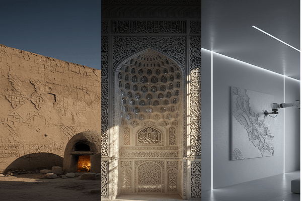 ترکیب سه مرحله از تکامل گچ‌کاری در معماری: سمت راست نمای مدرن با نورپردازی خطی، وسط محراب پرکار با نقوش اسلیمی، و سمت چپ دیوارهای کاهگلی و گچی باستانی.