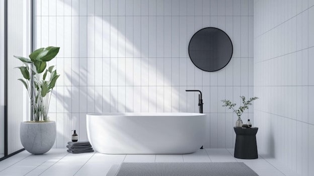 انتخاب کاشی حمام مدرن با ترکیب رنگ آبی و سرامیک کف شش‌ضلعی (هگزاگون).