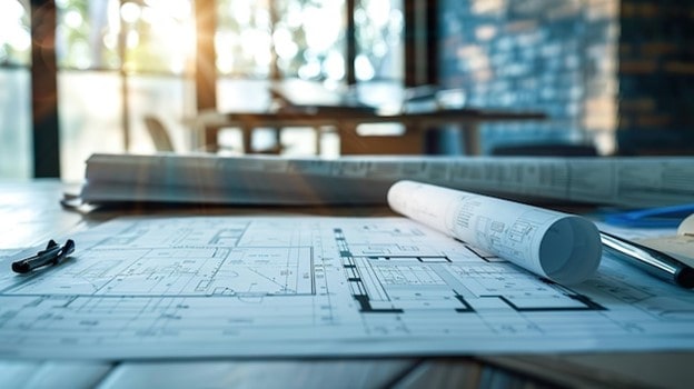 نمای نهایی از نقشه‌های ساختمانی تایید شده و آماده اجرا روی میز کار مهندس در محیطی آرام و پرنور.